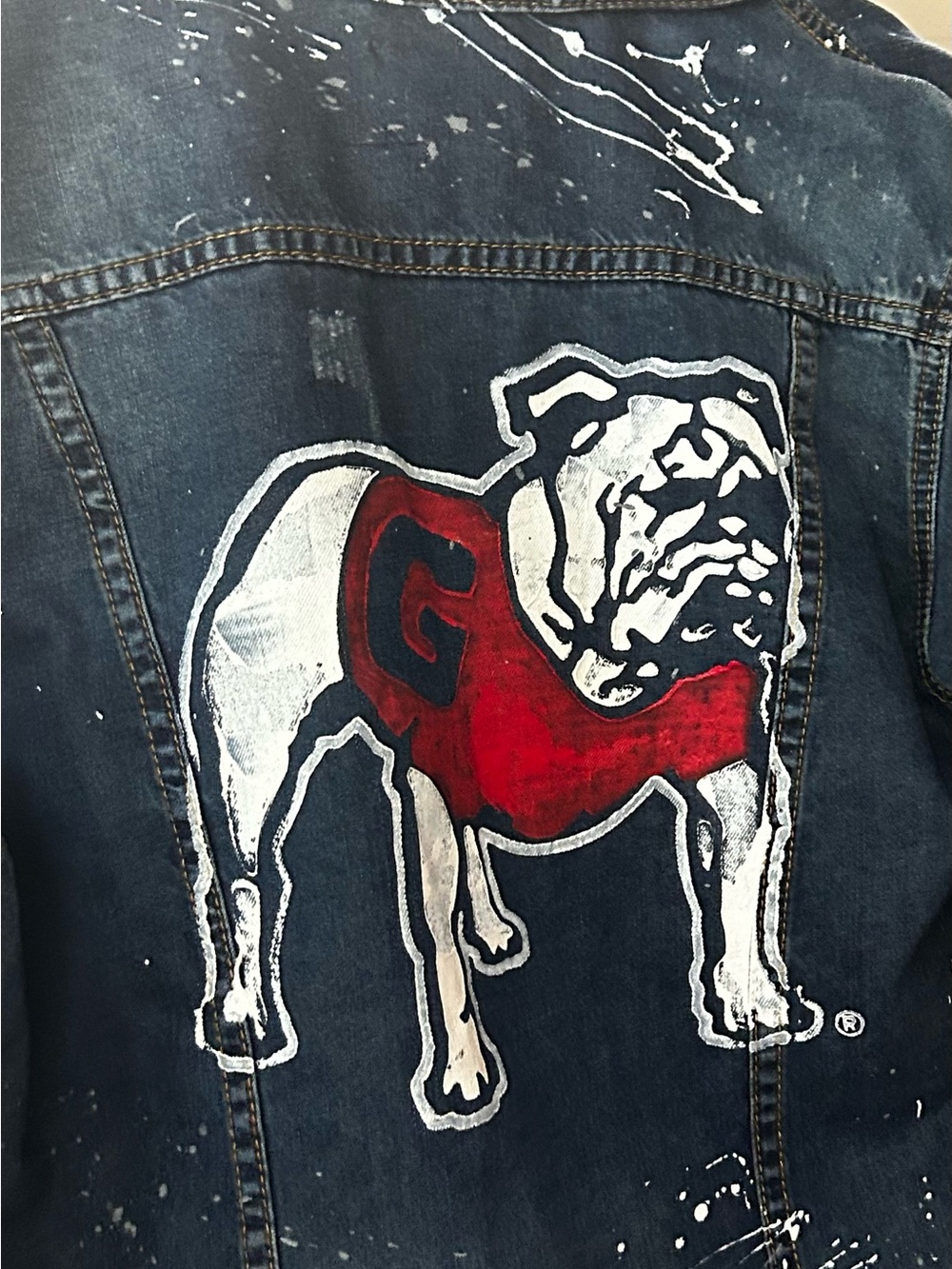 Dark Blue Denim Jacket with Red Bulldog Graphic